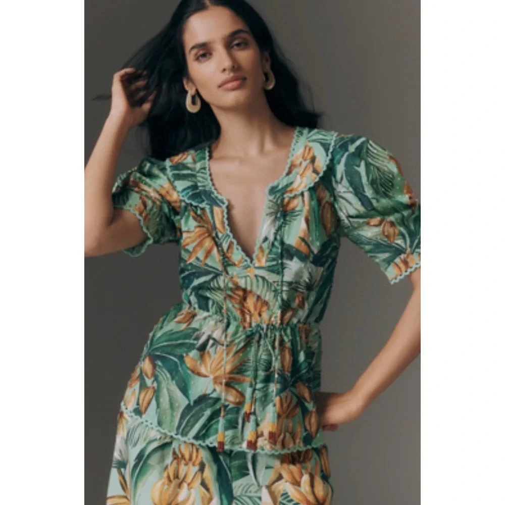 Farm Rio for Anthropologie Green Tropical Banana Print Puff Sleeve Blouse NWT M